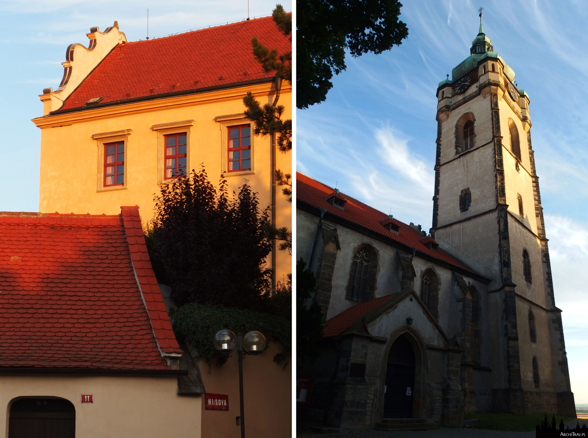 dwa zdjęcia - jedno zbliżenie na część zamku, drugie przedstawia kościół z wysoką wieżą