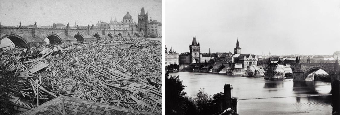 dwa zdjęcia, oba pokazują Wełtawę i Most Karola po powodziach
