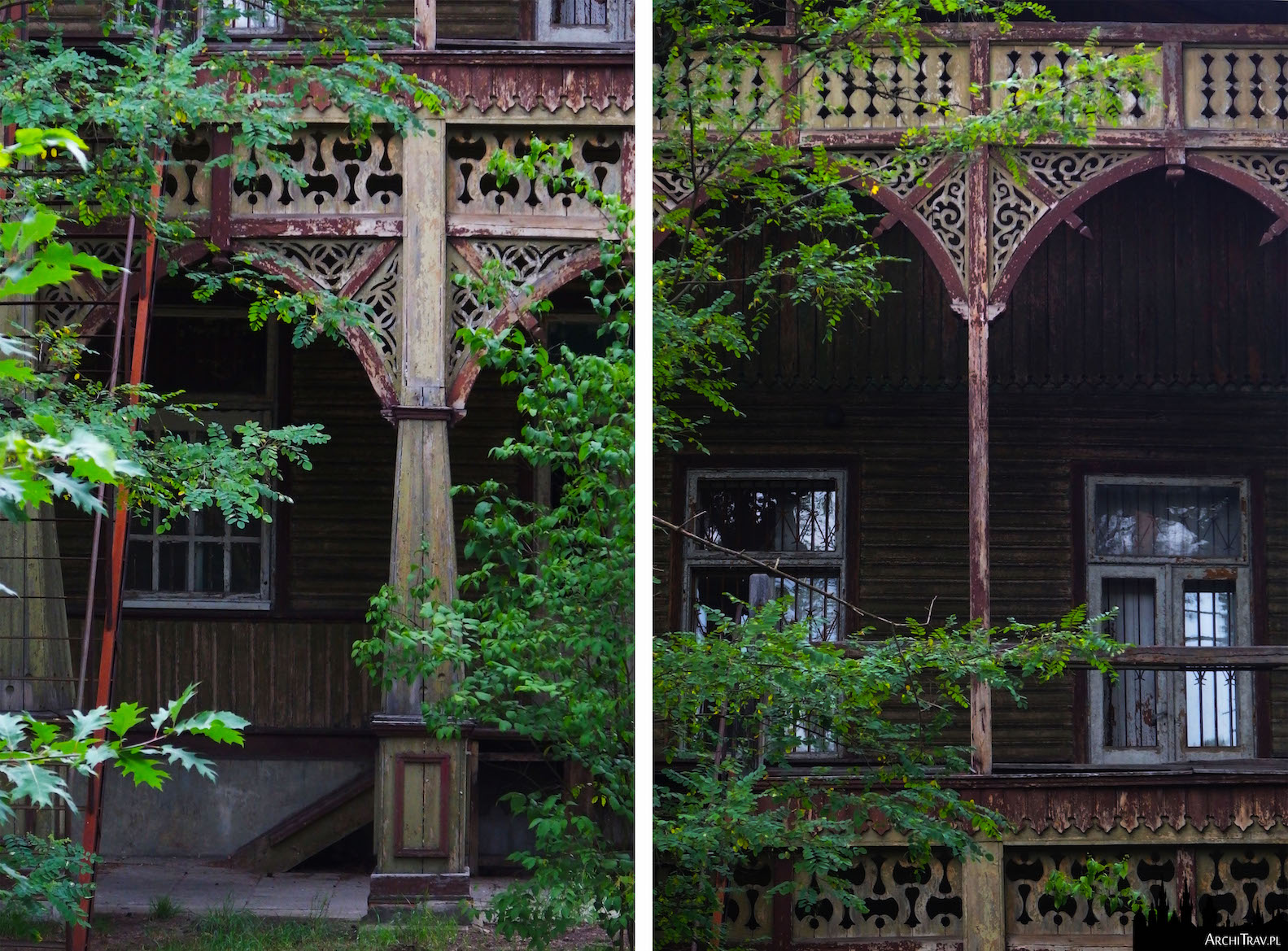 Pensjonat A. Gurewicza tzw willa gurewiczanka, dwa zdjęcia przedstawiające detale budynku w stylu świdermajer