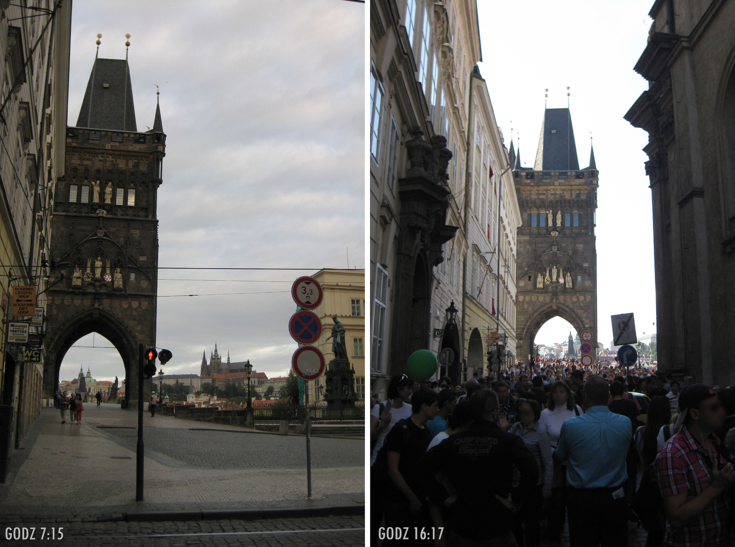 dwa zdjęcia, po lewej widok na Wieżę Staromiejską, w oddali Hradczany, zero ludzi. drugie zdjęcie: praktycznie to samo ujęcie, zdjęcie zrobione po południu, bardzo dużo ludzi